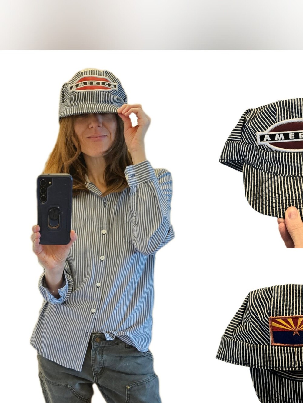 America Arizona Striped Vintage Style Railroad Engineer Cap Hat Patches Stripes